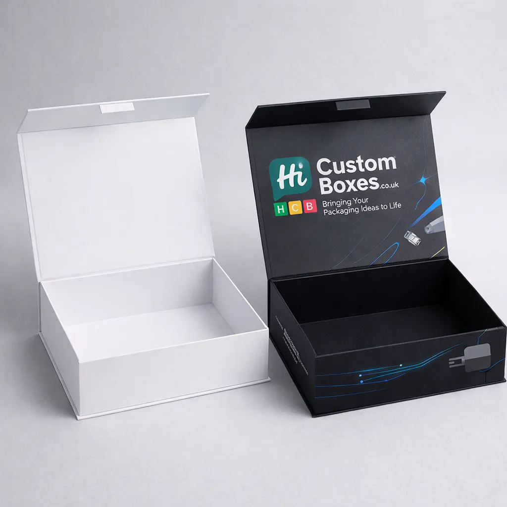 Two high-end magnetic lid boxes, one minimalist white and one black with branded interior lid. class=